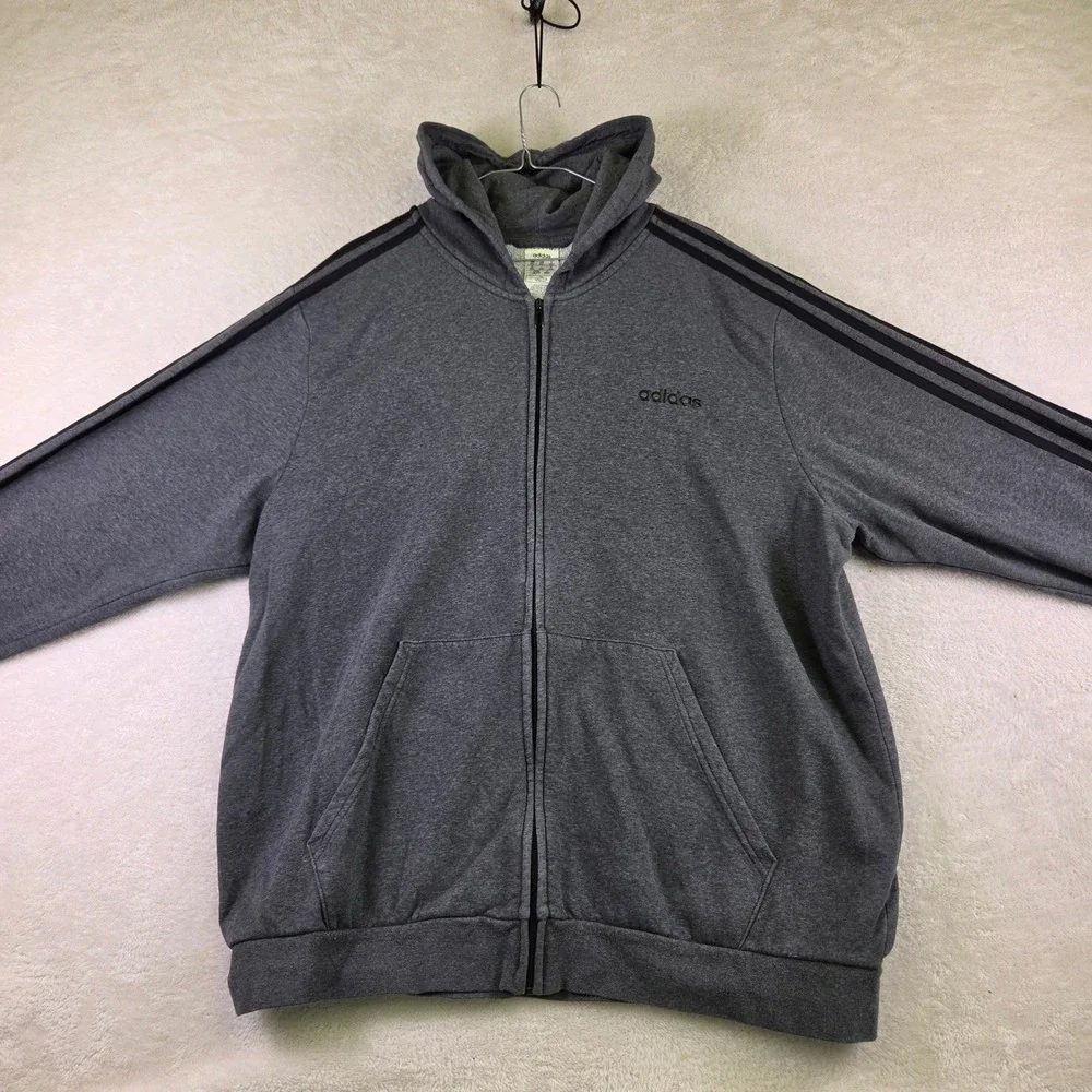 Adidas Mens 2XL Charcoal Grey Full Zip 3 Stripe Hoodie Sweatshirt Jacket